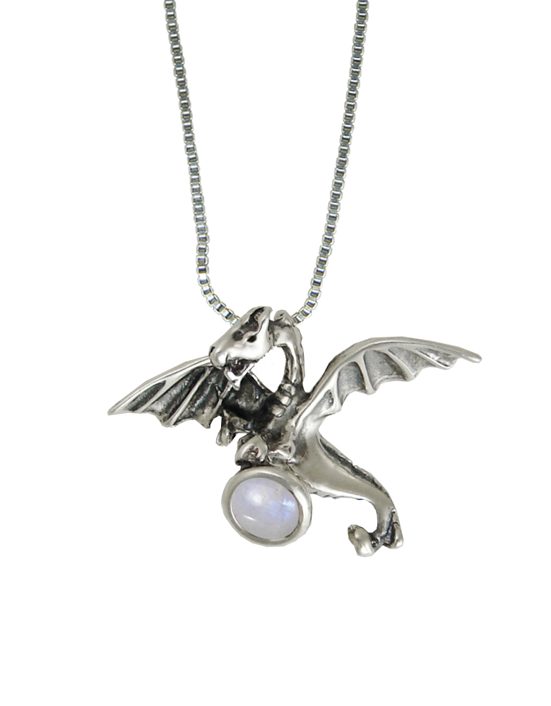 Sterling Silver Flying Dragon Pendant With Rainbow Moonstone
